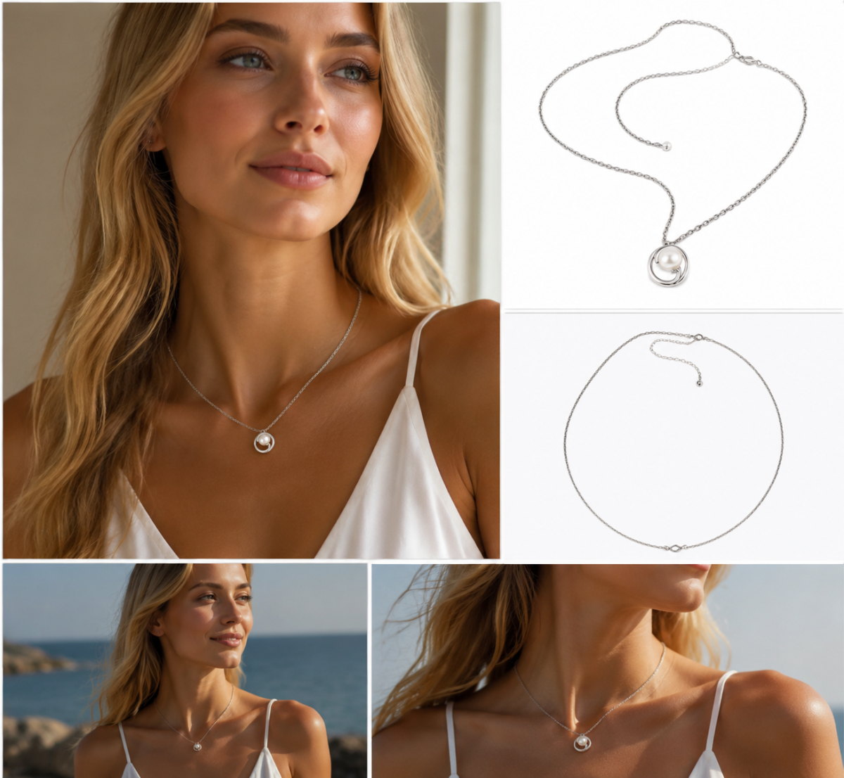 Silver‑Tone Open Circle Framed Pearl Pendant Necklace, Dainty Thin Cable Chain Minimalist Necklace for Women