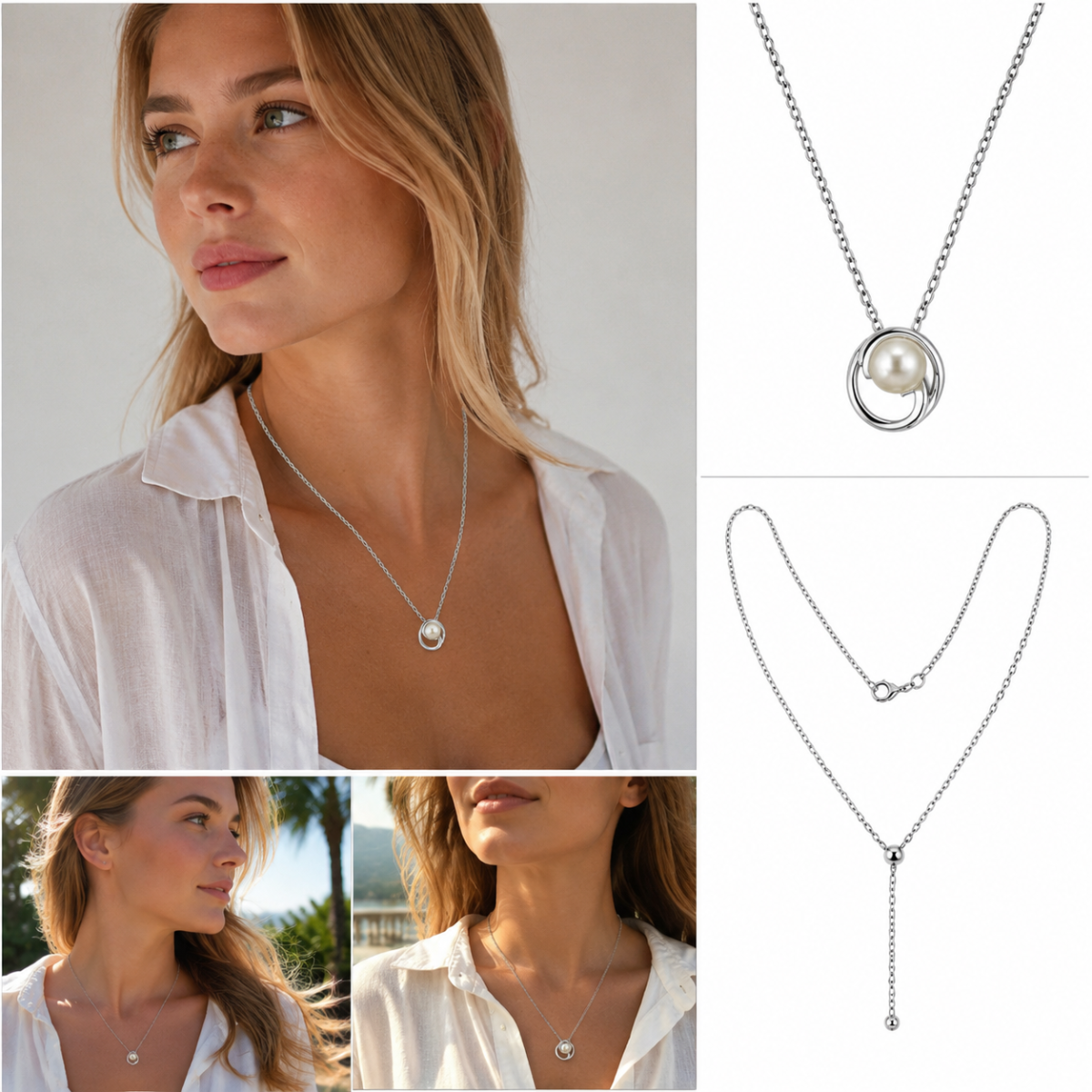 Silver‑Tone Open Circle Framed Pearl Pendant Necklace, Dainty Thin Cable Chain Minimalist Necklace for Women