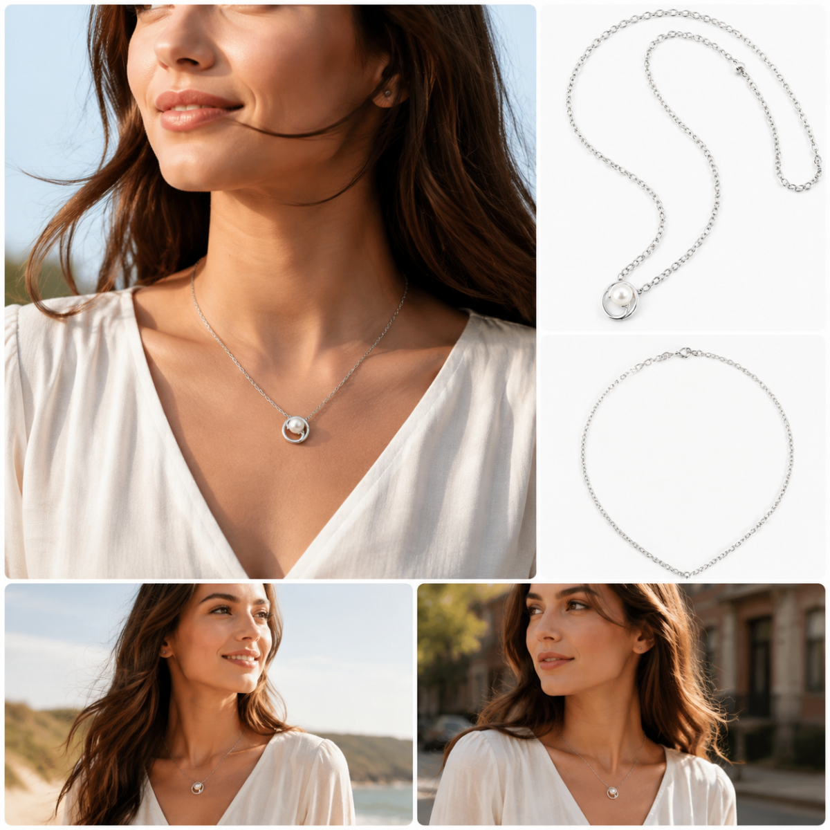 Silver‑Tone Open Circle Framed Pearl Pendant Necklace, Dainty Thin Cable Chain Minimalist Necklace for Women