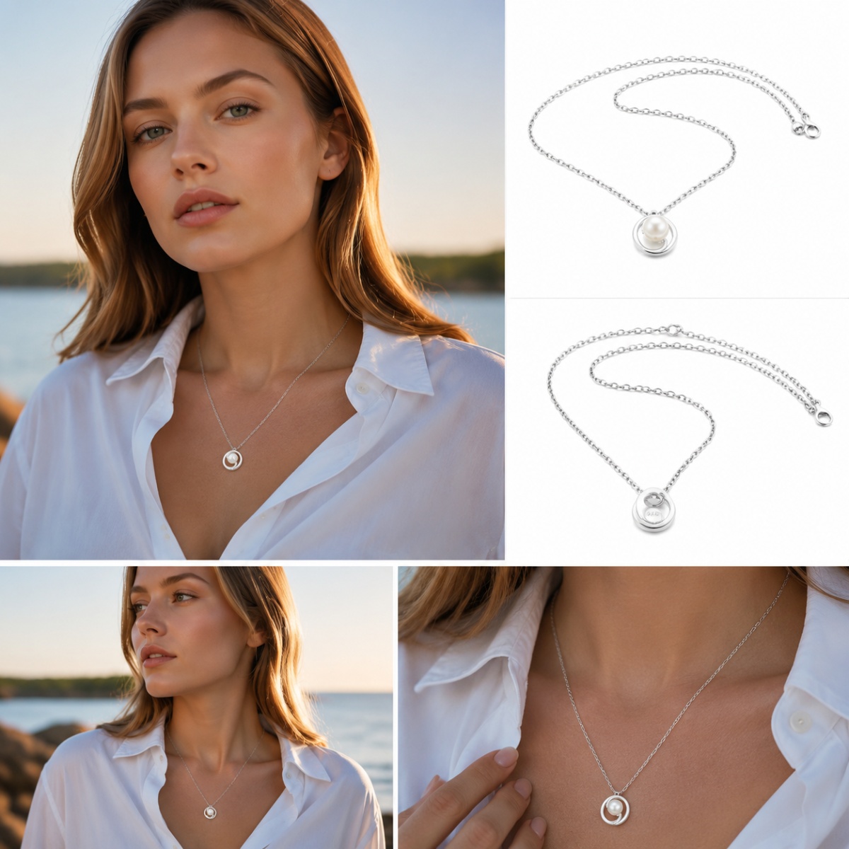 Silver‑Tone Open Circle Framed Pearl Pendant Necklace, Dainty Thin Cable Chain Minimalist Necklace for Women