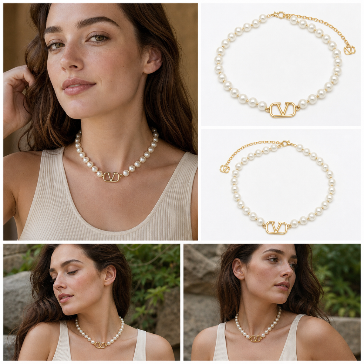 Gold‑Tone Pearl Beaded Choker Necklace, Hollow Geometric Metal Ornament Accent Choker for Women