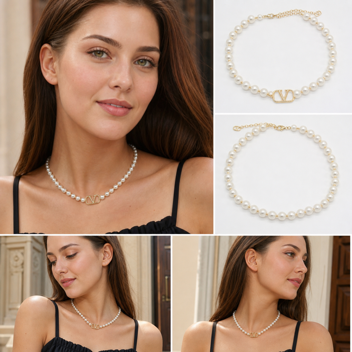 Gold‑Tone Pearl Beaded Choker Necklace, Hollow Geometric Metal Ornament Accent Choker for Women