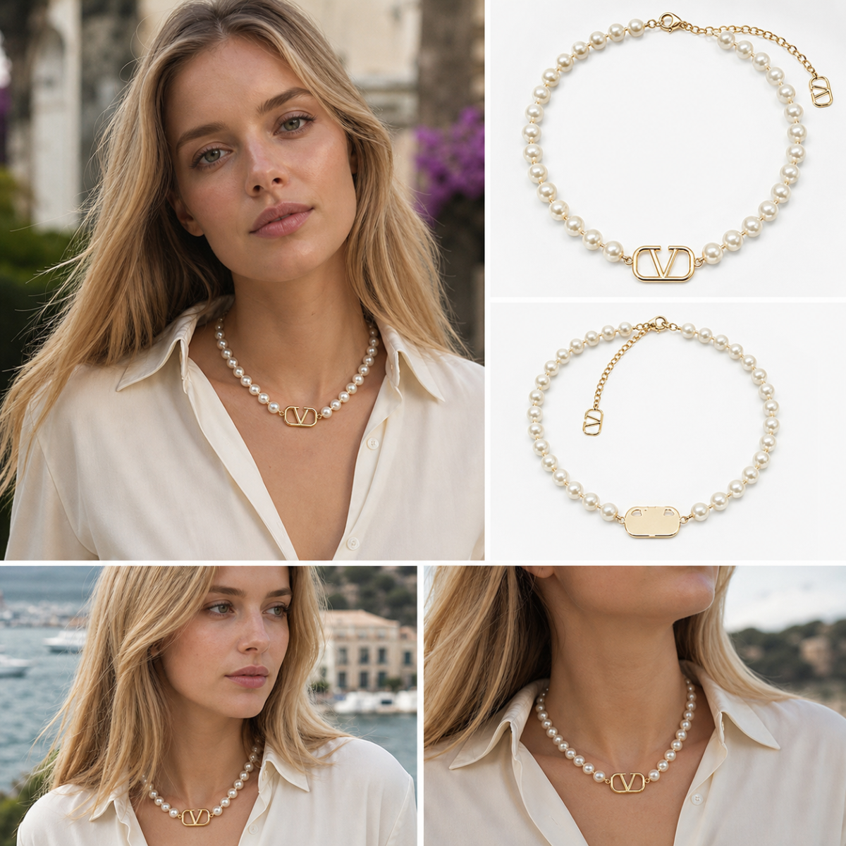 Gold‑Tone Pearl Beaded Choker Necklace, Hollow Geometric Metal Ornament Accent Choker for Women