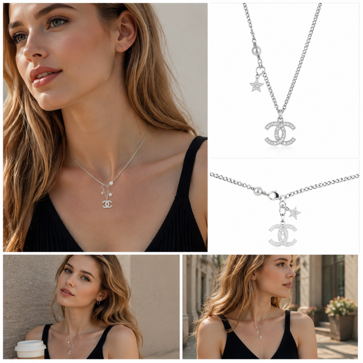 Silver‑Tone Multi‑Charm Pendant Necklace, Pave Crystal Interlocking Ornament With Star & Pearl Dangle Charms Dainty Necklace for Women
