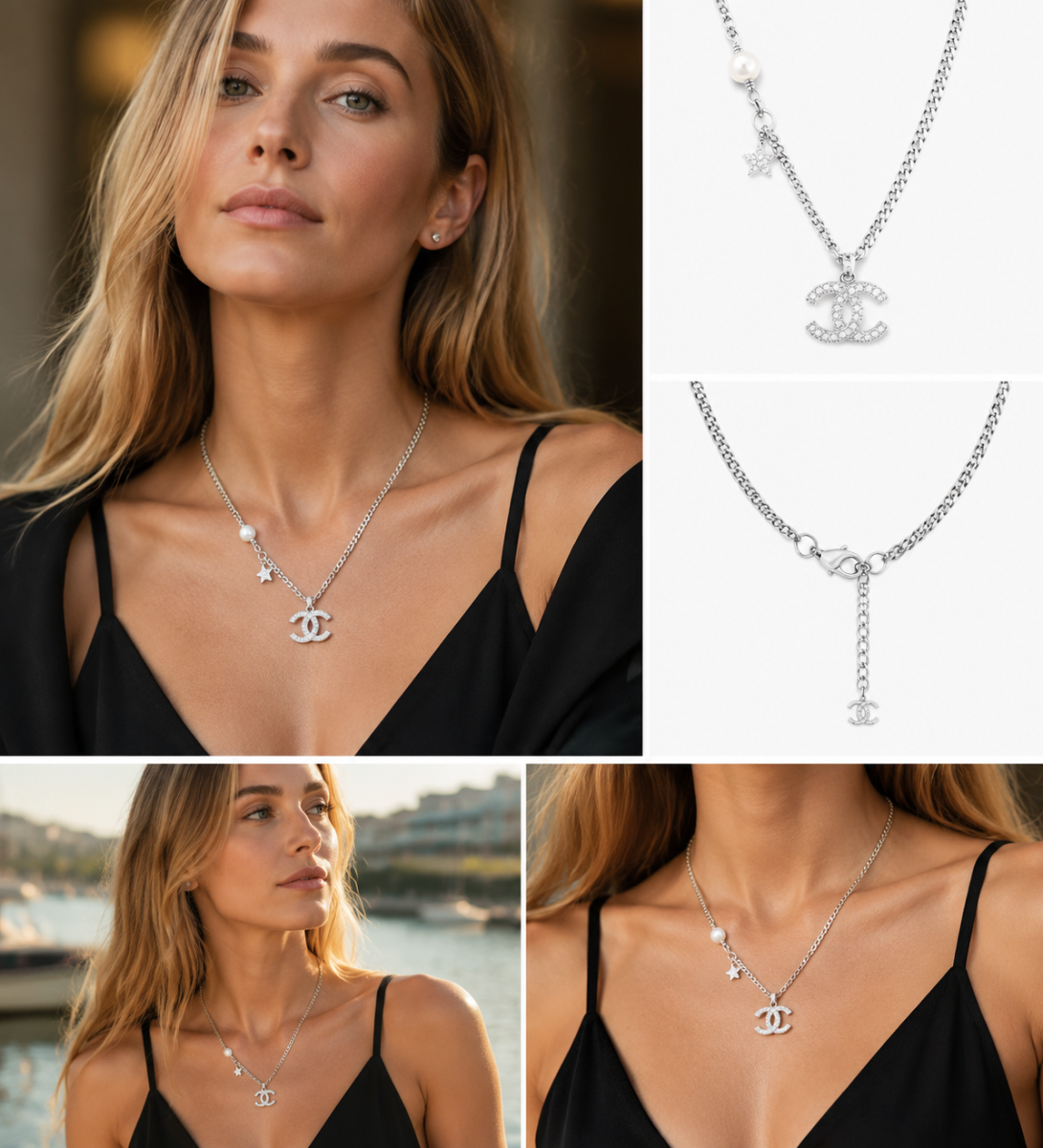 Silver‑Tone Multi‑Charm Pendant Necklace, Pave Crystal Interlocking Ornament With Star & Pearl Dangle Charms Dainty Necklace for Women