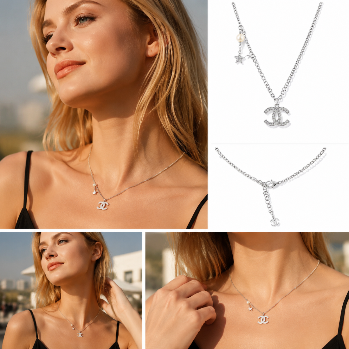 Silver‑Tone Multi‑Charm Pendant Necklace, Pave Crystal Interlocking Ornament With Star & Pearl Dangle Charms Dainty Necklace for Women