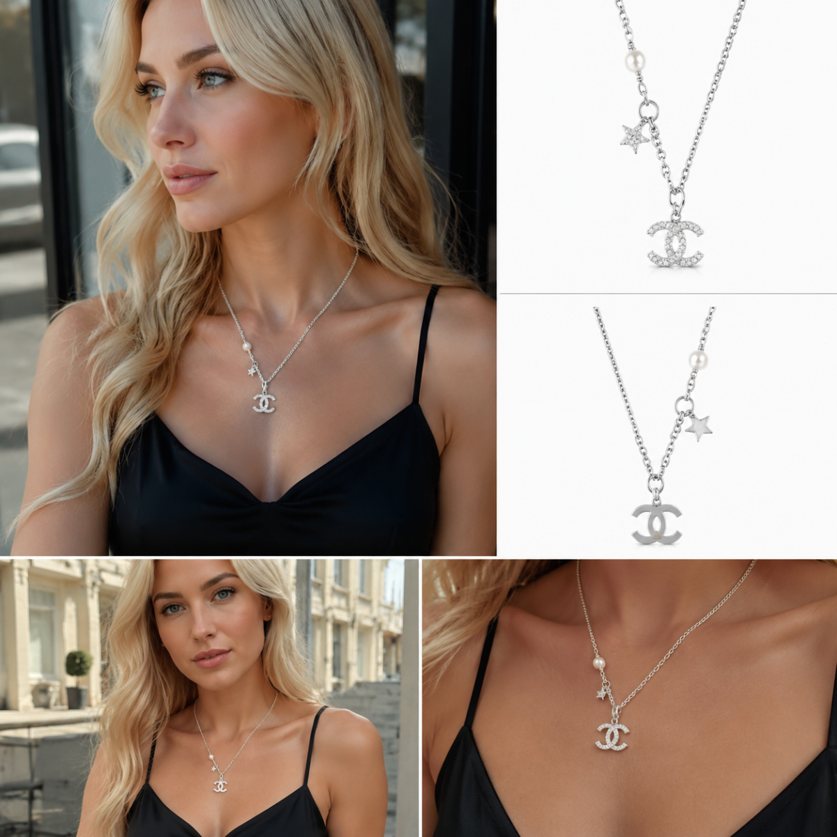 Silver‑Tone Multi‑Charm Pendant Necklace, Pave Crystal Interlocking Ornament With Star & Pearl Dangle Charms Dainty Necklace for Women