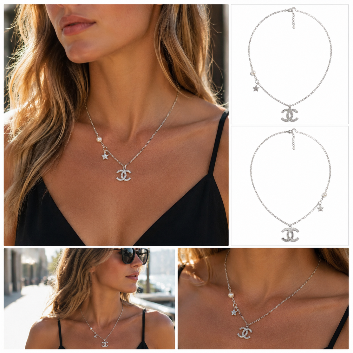 Silver‑Tone Multi‑Charm Pendant Necklace, Pave Crystal Interlocking Ornament With Star & Pearl Dangle Charms Dainty Necklace for Women