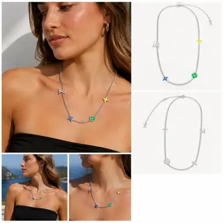 Silver‑Tone Station Charm Choker Necklace, Colorful Enamel Multi‑Shape Charms Dainty Choker for Women