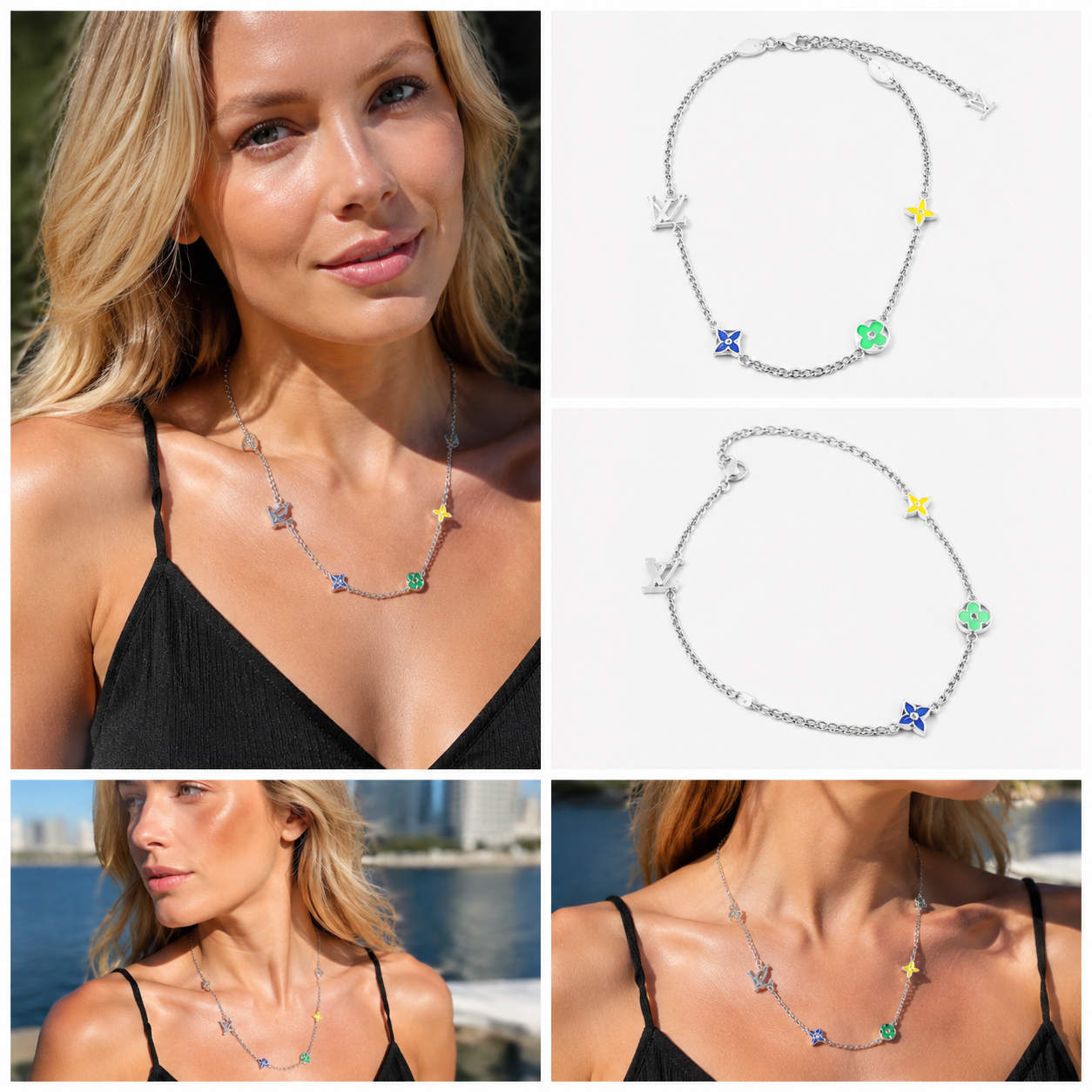 Silver‑Tone Station Charm Choker Necklace, Colorful Enamel Multi‑Shape Charms Dainty Choker for Women
