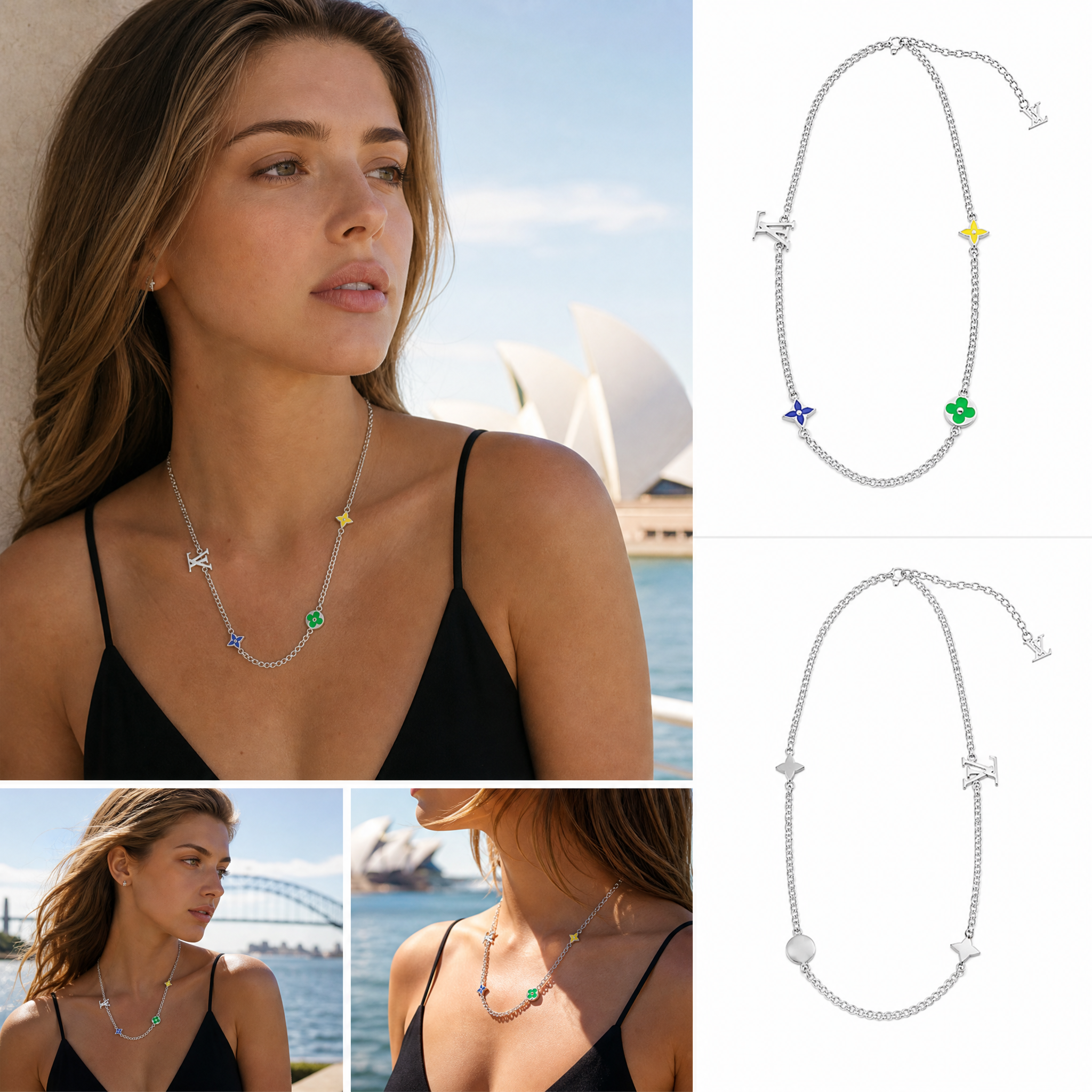 Silver‑Tone Station Charm Choker Necklace, Colorful Enamel Multi‑Shape Charms Dainty Choker for Women