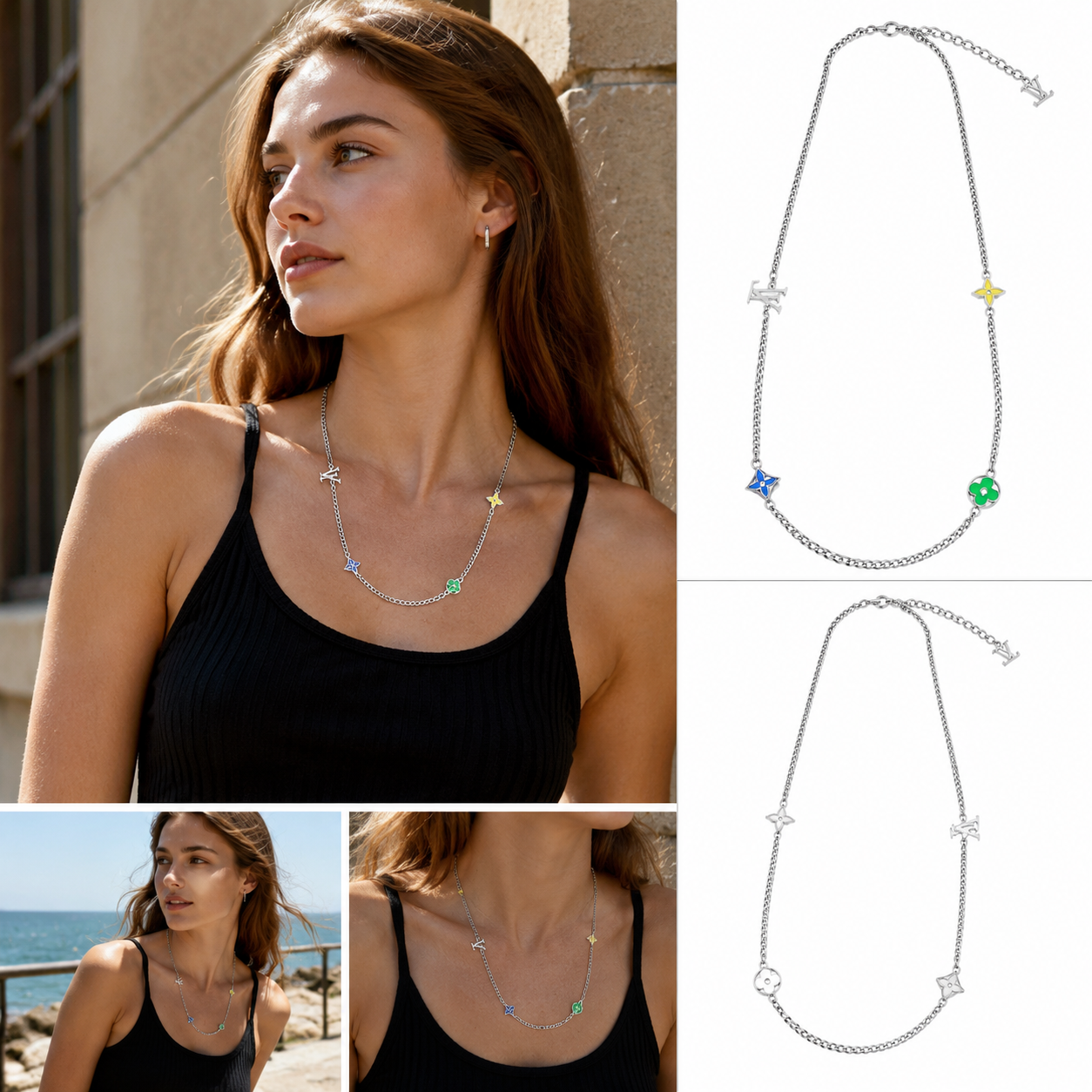 Silver‑Tone Station Charm Choker Necklace, Colorful Enamel Multi‑Shape Charms Dainty Choker for Women