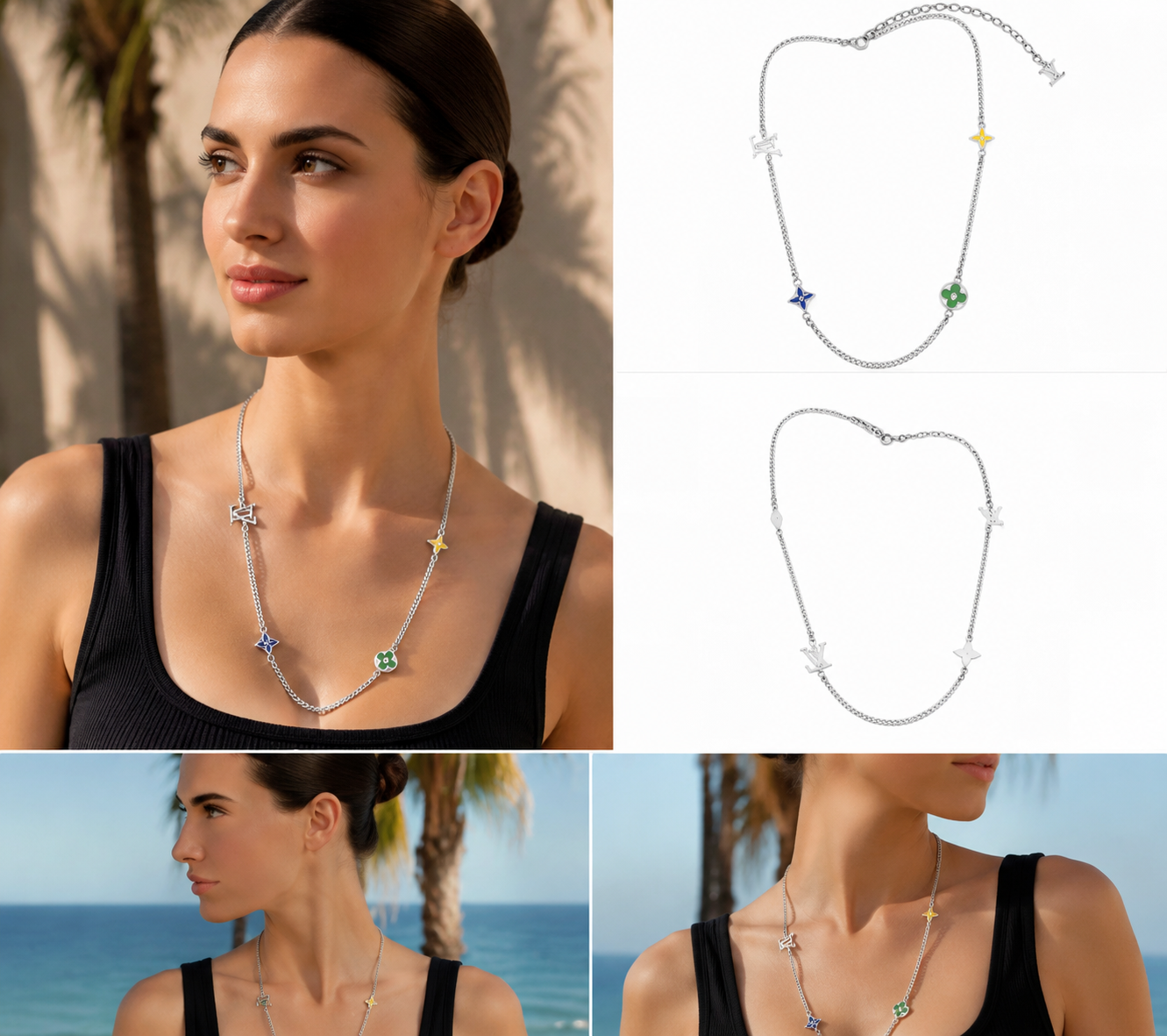 Silver‑Tone Station Charm Choker Necklace, Colorful Enamel Multi‑Shape Charms Dainty Choker for Women