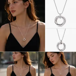 Silver‑Tone Interlocking Multi‑Circle Pendant Necklace, Dainty Ball Chain Minimalist Necklace for Women
