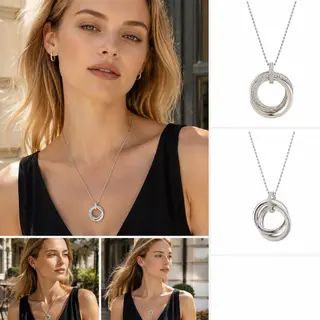 Silver‑Tone Interlocking Multi‑Circle Pendant Necklace, Dainty Ball Chain Minimalist Necklace for Women