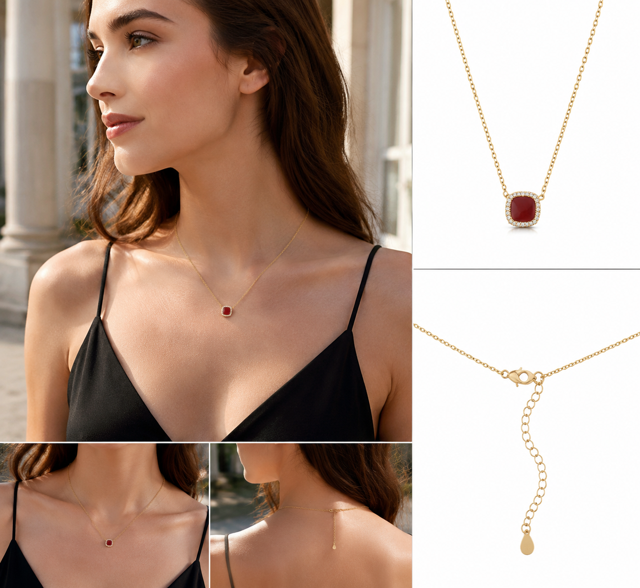 Gold‑Tone Cushion Cut Red Stone Halo Pendant Necklace, Dainty Cable Chain Women Necklace