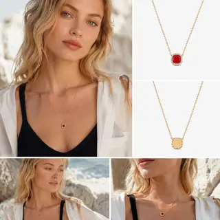 Gold‑Tone Cushion Cut Red Stone Halo Pendant Necklace, Dainty Cable Chain Women Necklace