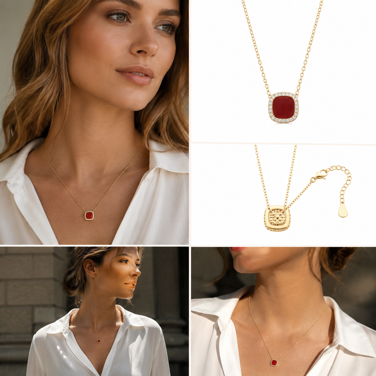 Gold‑Tone Cushion Cut Red Stone Halo Pendant Necklace, Dainty Cable Chain Women Necklace