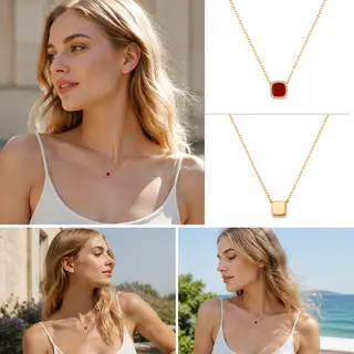 Gold‑Tone Cushion Cut Red Stone Halo Pendant Necklace, Dainty Cable Chain Women Necklace