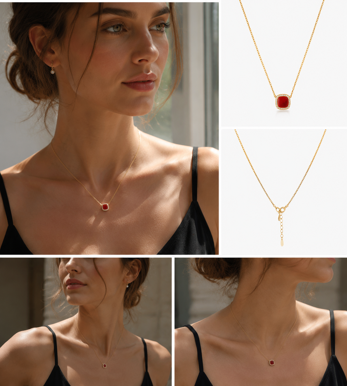Gold‑Tone Cushion Cut Red Stone Halo Pendant Necklace, Dainty Cable Chain Women Necklace