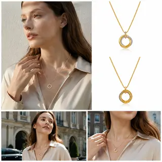 Gold‑Tone Interlocking Multi‑Ring Pendant Necklace, Dainty Cable Chain Minimalist Necklace for Women