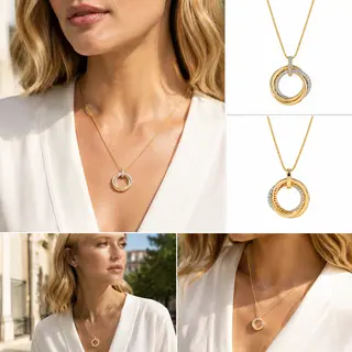 Gold‑Tone Interlocking Multi‑Ring Pendant Necklace, Dainty Cable Chain Minimalist Necklace for Women