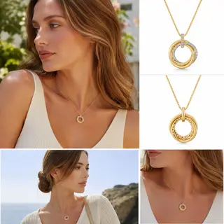 Gold‑Tone Interlocking Multi‑Ring Pendant Necklace, Dainty Cable Chain Minimalist Necklace for Women