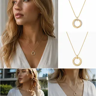 Gold‑Tone Interlocking Multi‑Ring Pendant Necklace, Dainty Cable Chain Minimalist Necklace for Women