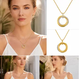 Gold‑Tone Interlocking Multi‑Ring Pendant Necklace, Dainty Cable Chain Minimalist Necklace for Women