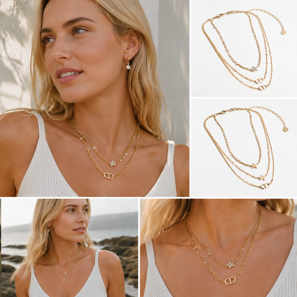 Gold‑Tone 3‑Layered Stacked Charm Necklace, Star & Oval Link Multi‑Layer Dainty Necklace for Women