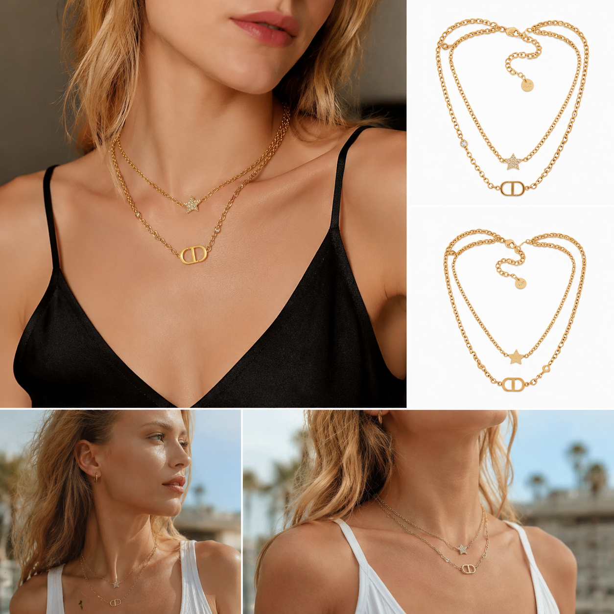 Gold‑Tone 3‑Layered Stacked Charm Necklace, Star & Oval Link Multi‑Layer Dainty Necklace for Women