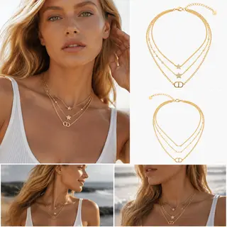 Gold‑Tone 3‑Layered Stacked Charm Necklace, Star & Oval Link Multi‑Layer Dainty Necklace for Women