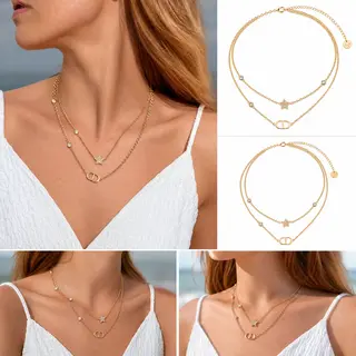 Gold‑Tone 3‑Layered Stacked Charm Necklace, Star & Oval Link Multi‑Layer Dainty Necklace for Women