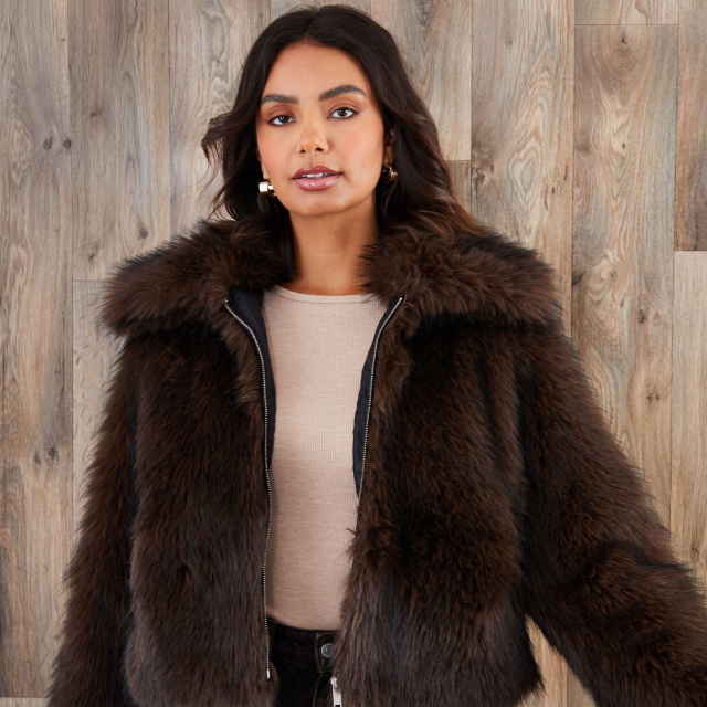 hreadbare Chocolate Faux Fur Zip Through Coat,MY SHOP,hreadbare Chocolate Faux Fur Zip Through Coat