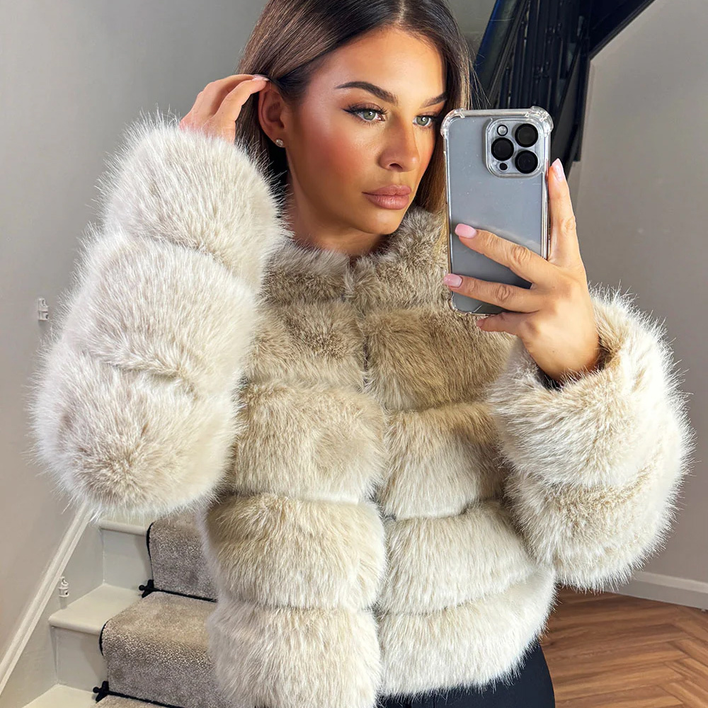 Beige Faux Fur Bubble Coat,MY SHOP,Beige Faux Fur Bubble Coat