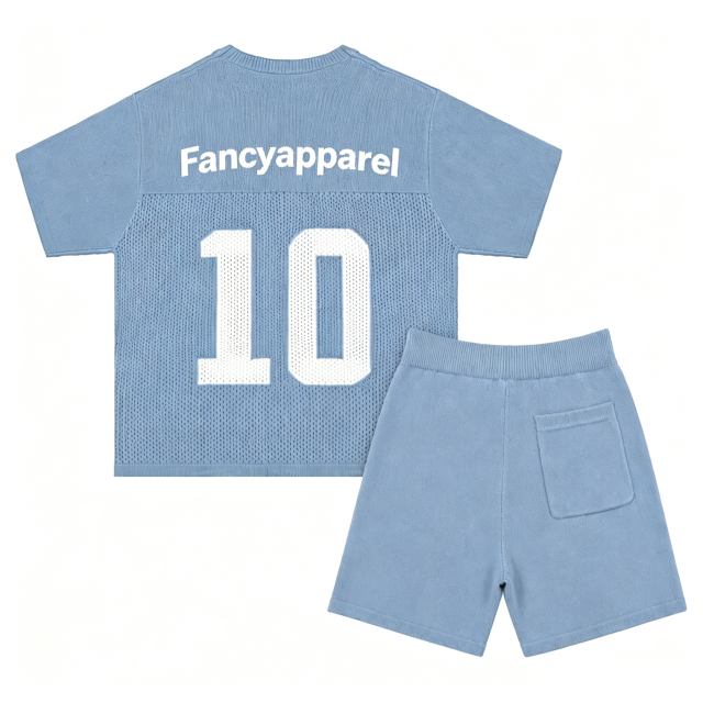 Custom Logo Men Knitted Two Piece Set Mesh Knit T Shirt Shorts Set OEM Football Jersey Style Knitwear Men Clothing Sets,Changsha Fancy Apparel Co.,Ltd.,Custom Logo Men Knitted Two Piece Set Mesh Knit T Shirt Shorts Set OEM Football Jersey Style Knitwear Men Clothing Sets