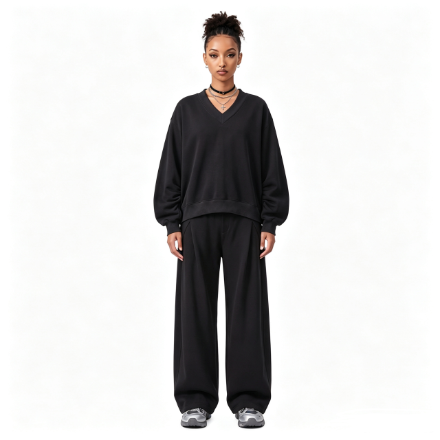 Old Money V-Neck Crop Sweatshirt with Puff Sleeve Design 280G Cotton Blend Boxy Top for Women Wholesale,Changsha Fancy Apparel Co.,Ltd.,Old Money V-Neck Crop Sweatshirt with Puff Sleeve Design 280G Cotton Blend Boxy Top for Women Wholesale
