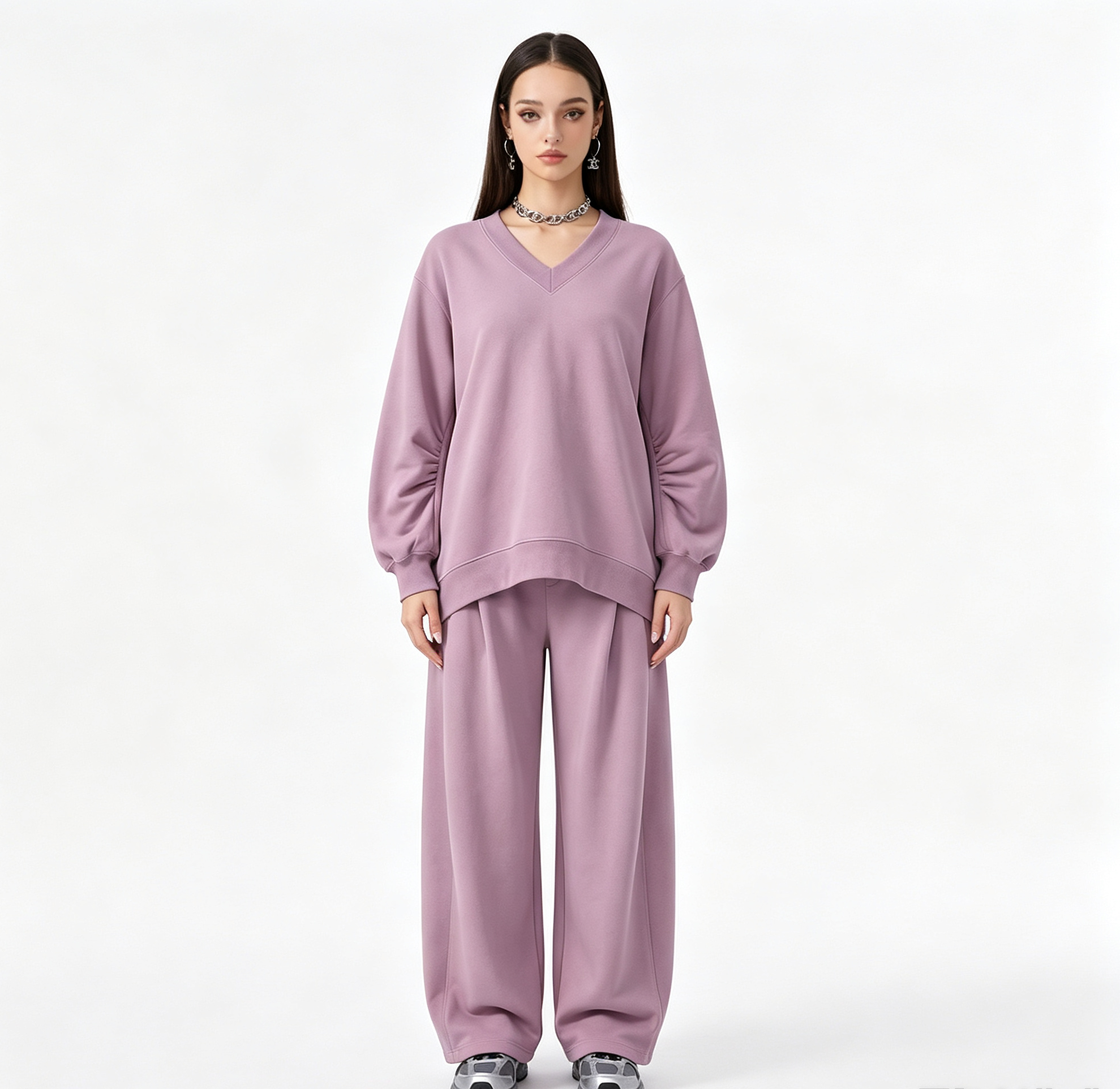 Preppy Style V-Neck Pullover Sweatshirt with Ruched Lantern Sleeves 280G Crop Top for Women Casual Streetwear,Changsha Fancy Apparel Co.,Ltd.,Preppy Style V-Neck Pullover Sweatshirt with Ruched Lantern Sleeves 280G Crop Top for Women Casual Streetwear
