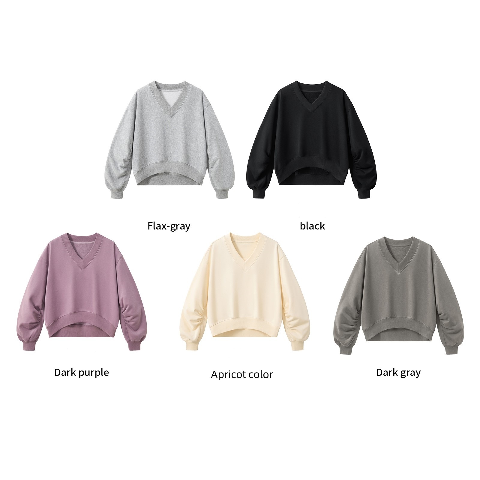 Old Money V-Neck Crop Sweatshirt with Puff Sleeve Design 280G Cotton Blend Boxy Top for Women Wholesale,Changsha Fancy Apparel Co.,Ltd.,Old Money V-Neck Crop Sweatshirt with Puff Sleeve Design 280G Cotton Blend Boxy Top for Women Wholesale