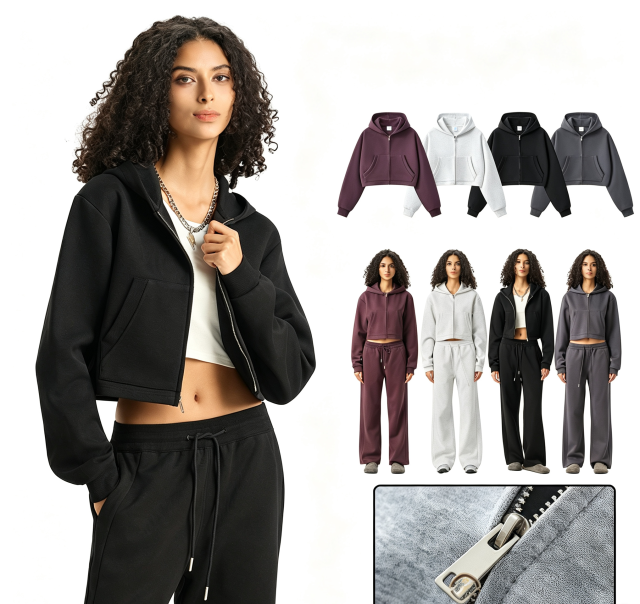 Clean Fit Zip up Crop Hoodie with 350G Heavyweight Fabric Women Short Hooded Jacket for Autumn Wholesale,Changsha Fancy Apparel Co.,Ltd.,Clean Fit Zip up Crop Hoodie with 350G Heavyweight Fabric Women Short Hooded Jacket for Autumn Wholesale