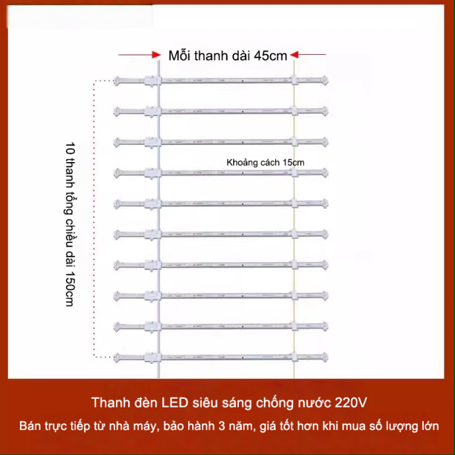 Dải đèn siêu sáng công trình 220V dài 45cm 6 bóng ngoài trời