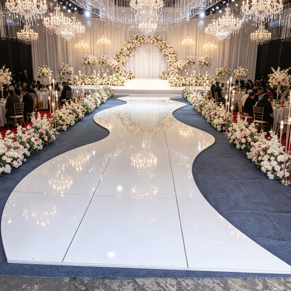 Professional Classic Simple Modern Elegant Romantic Portable White High Gloss Wooden Aisle Dance Floor Aluminum Frame