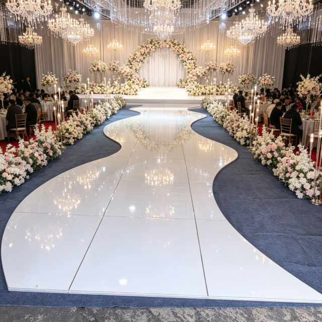 Professional Classic Simple Modern Elegant Romantic Portable White High Gloss Wooden Aisle Dance Floor Aluminum Frame