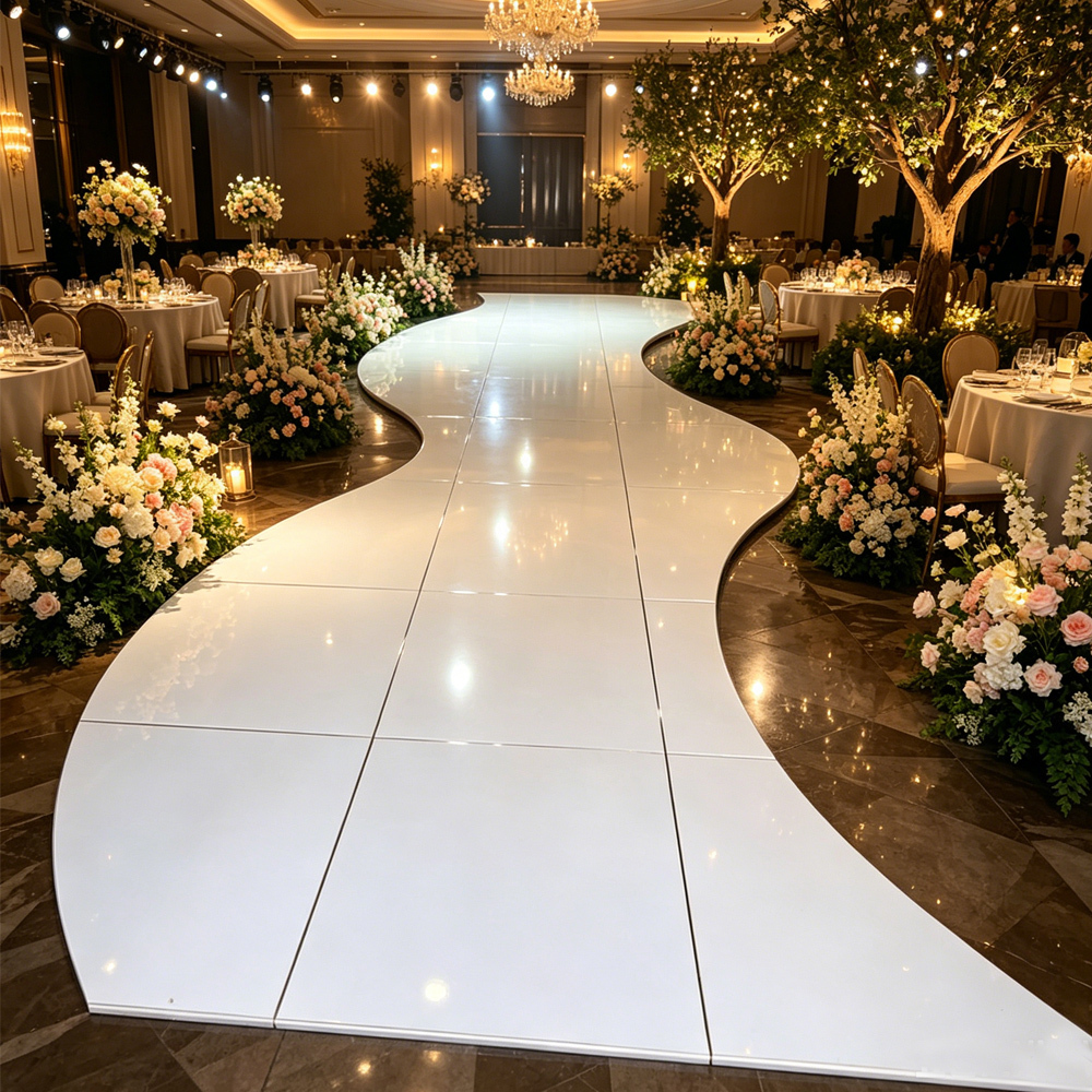 Professional Classic Simple Modern Elegant Romantic Portable White High Gloss Wooden Aisle Dance Floor Aluminum Frame