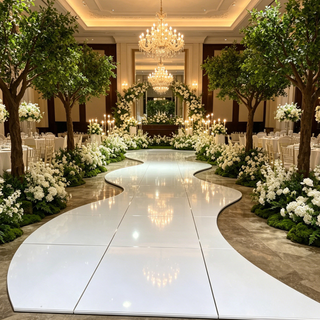 Professional Classic Simple Modern Elegant Romantic Portable White High Gloss Wooden Aisle Dance Floor Aluminum Frame
