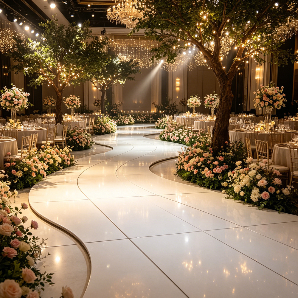 Professional Classic Simple Modern Elegant Romantic Portable White High Gloss Wooden Aisle Dance Floor Aluminum Frame