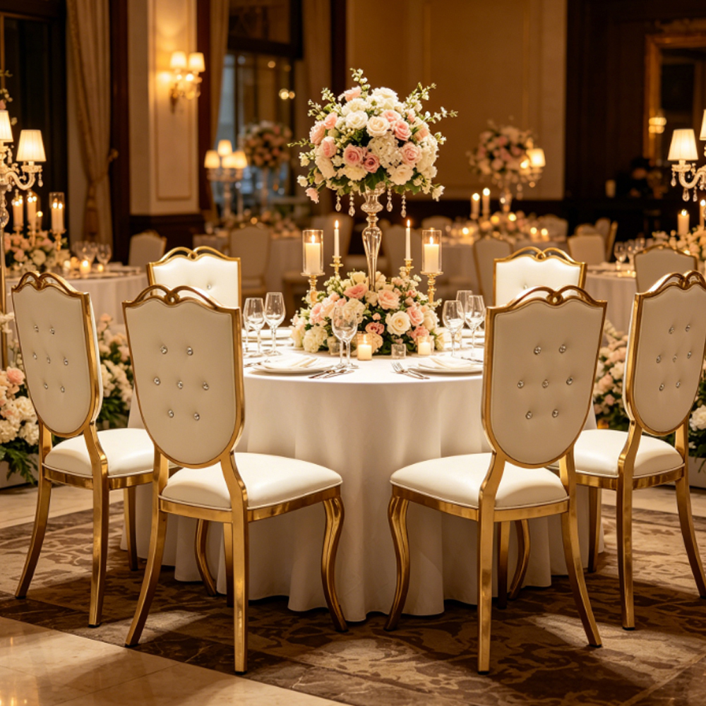 Luxury Gold Stainless Steel Portable Wedding Chair with Crystal Button Tufted Back for Outdoor Event Banquet and Hotel Use