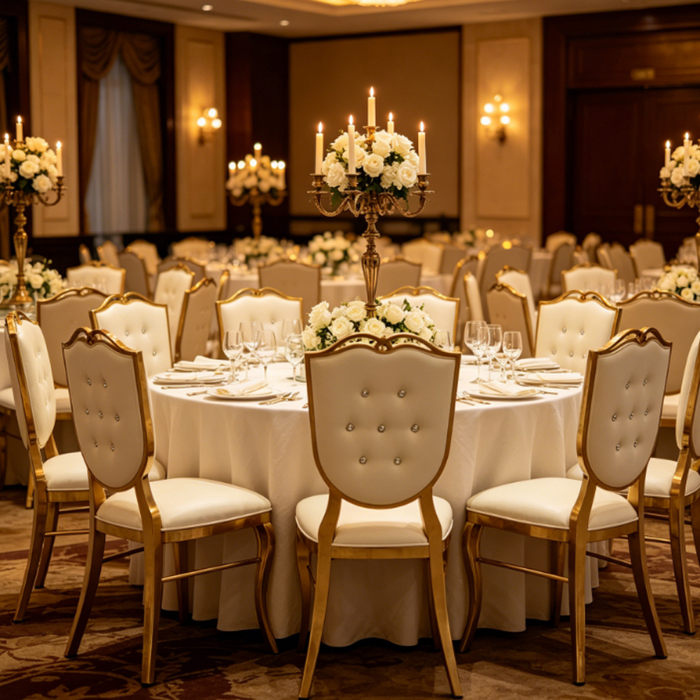 Luxury Gold Stainless Steel Portable Wedding Chair with Crystal Button Tufted Back for Outdoor Event Banquet and Hotel Use