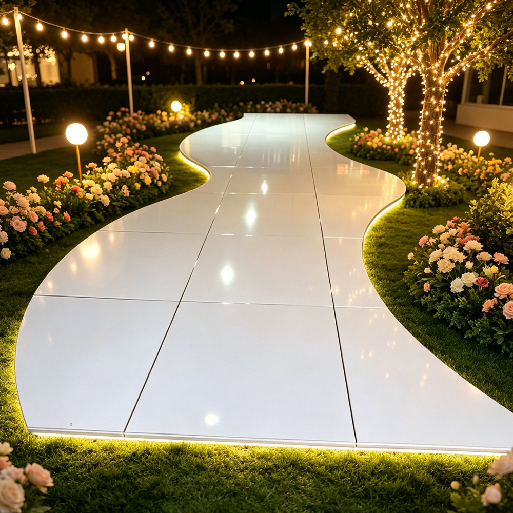Professional Classic Simple Modern Elegant Romantic Portable White High Gloss Wooden Aisle Dance Floor Aluminum Frame