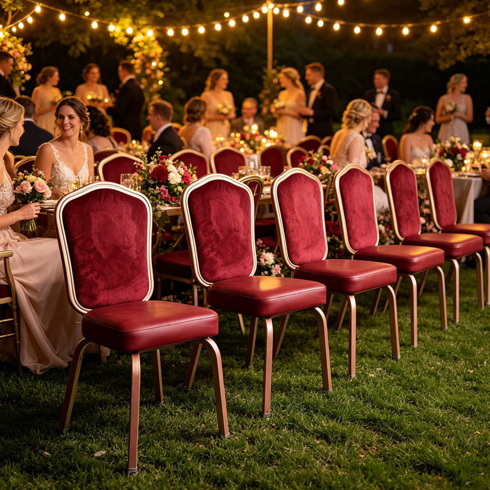Hot Sale Modern Luxury Gold Frame Red Velvet Portable Banquet Dining Chair | Wedding Event Dining Chair for Hotel Restaurant